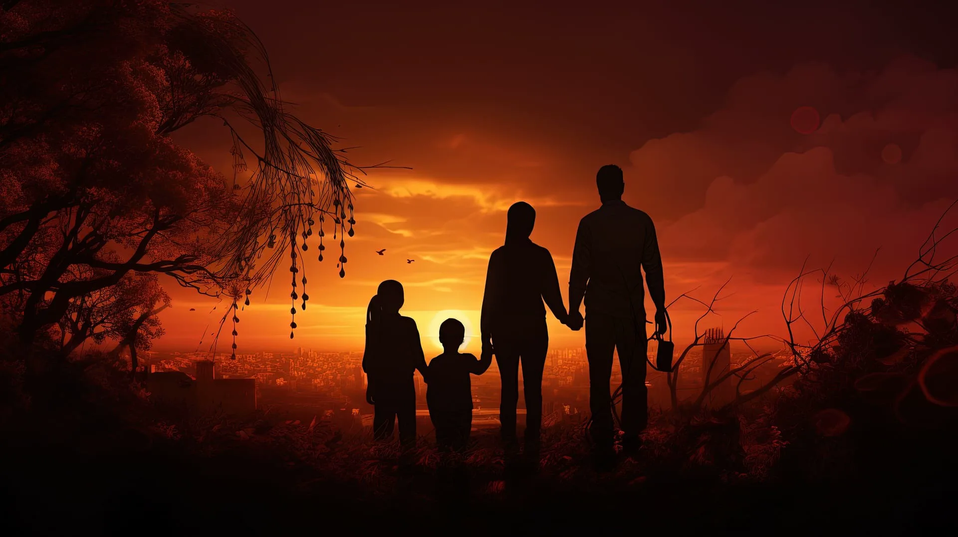 Family silhouettes standing together at sunset