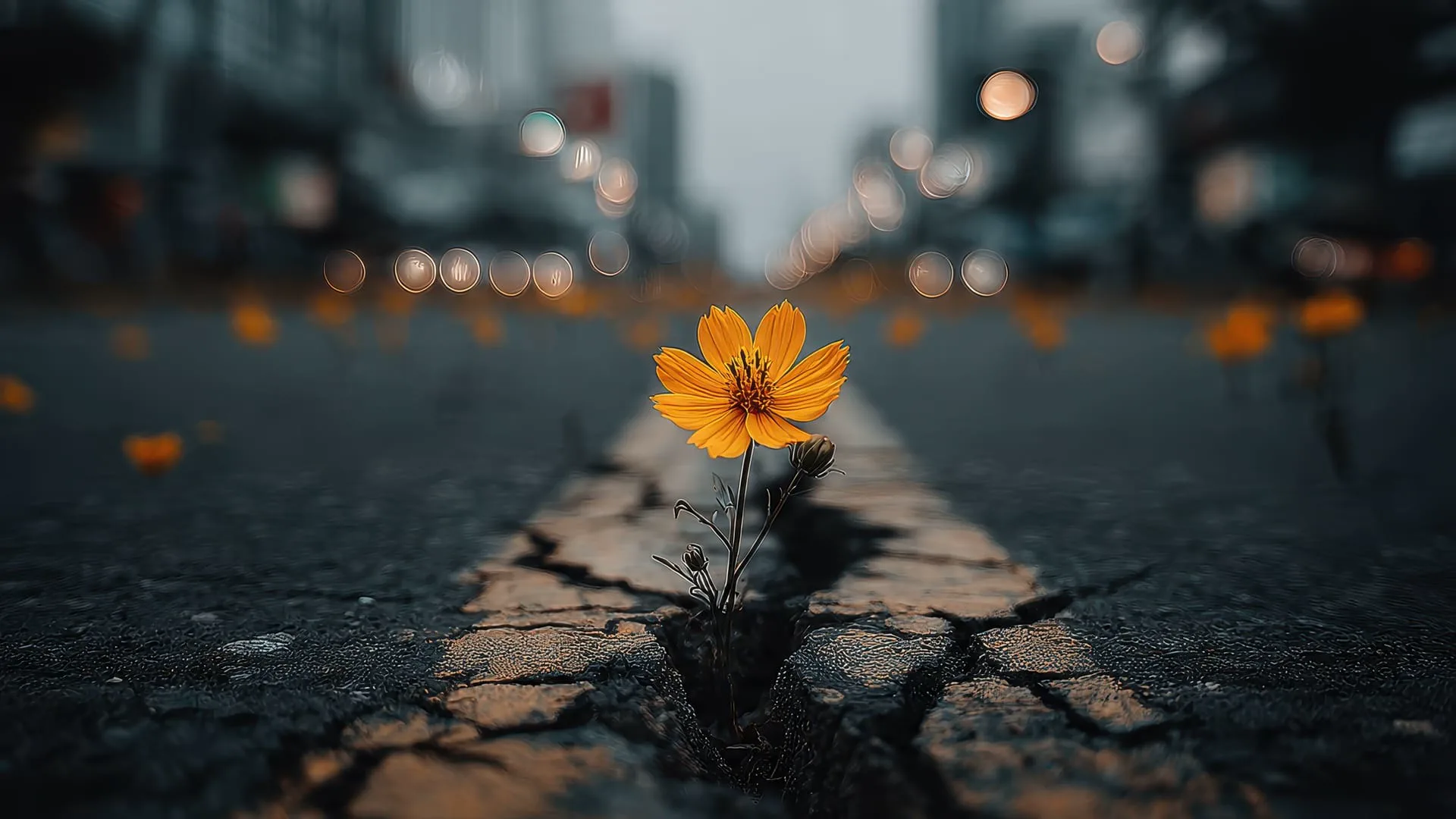 Yellow flower growing through a crack in pavement